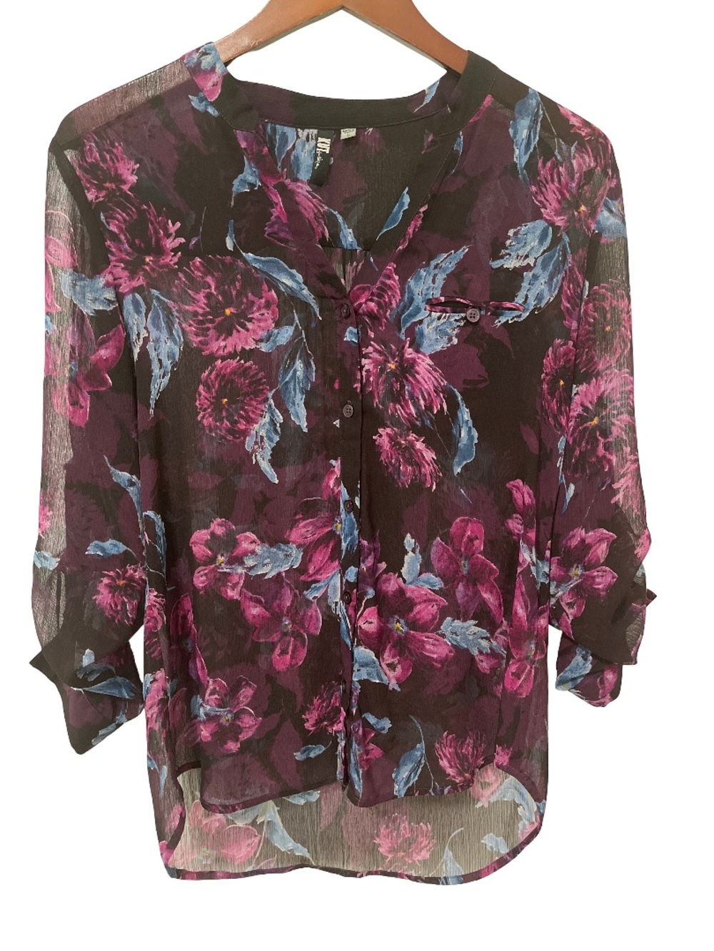 Kut From the Kloth Women’s Small Purple Blue Floral Sheer Long Sleeve Top
